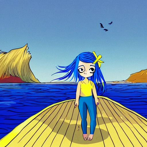 girl with blue hair and yellow eyes in growth against the background of the sea, Cartoon, Cartoon
