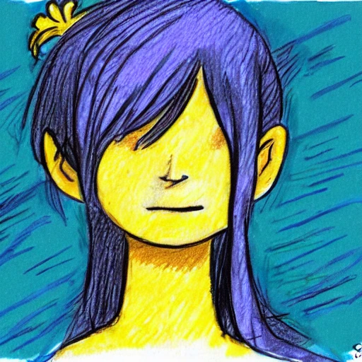 girl with blue hair and yellow eyes in growth against the background of the sea, Cartoon, Cartoon, Pencil Sketch