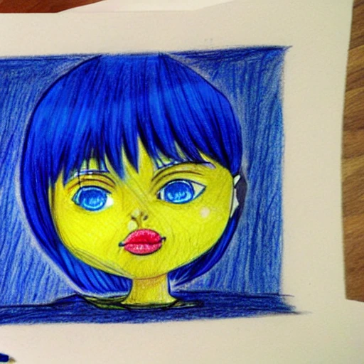 girl with blue hair and yellow eyes in growth against the background of the sea, Cartoon, Cartoon, Pencil Sketch, 3D, 3D