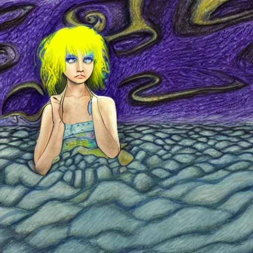 girl with blue hair and yellow eyes in growth against the background of the sea, Cartoon, Cartoon, Pencil Sketch, 3D, 3D, Oil Painting, Trippy