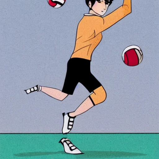 fashion boy playing volleyball, with tall black hair, Cartoon, Trippy