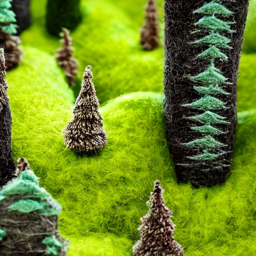 miniature forest, made of felt, depth of field, close up, focus, bokeh, traffic