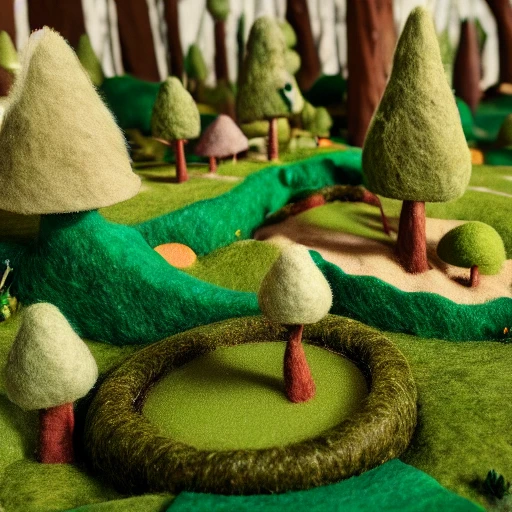 miniature forest, made of felt, close up, focus, bokeh, traffic v6 diorama, isometric miniature golf course, hills
, sand, trees, bushes, 100mm lens, 3d blender render, aesthetic, beautiful, Tiny, cute aesthetic, beautiful, 3D