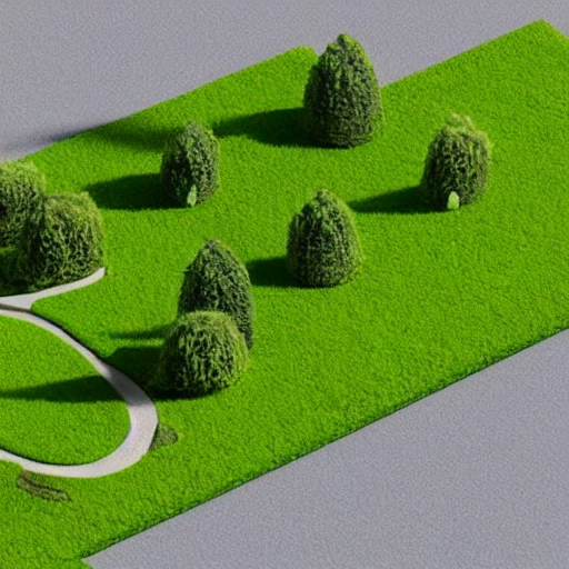 miniature grassland with trees and bushes in an orthographic view, 3D, golf course
