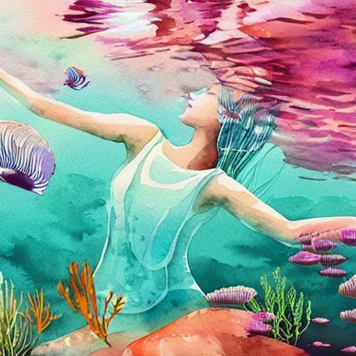 woman in a beautiful happy in the  sea in harmony with nature,  Beautiful light. Water and plants. Nice colour scheme, soft warm colour. Beautiful detailed watercolor by Lurid. (2022)