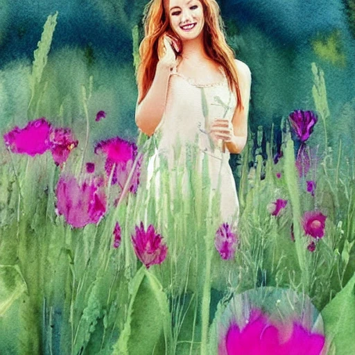 woman in a beautiful happy in the flower field romantic
 in harmony with nature,  Beautiful light. Water and plants. Nice colour scheme, soft warm colour. Beautiful detailed watercolor by Lurid. (2022)