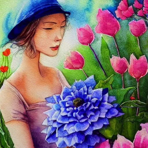 woman with hat very religious bible walking in a beautiful happy in the flower field gold romantic  in harmony with nature,  Beautiful light. Water and plants. Nice colour scheme, soft warm colour. Beautiful detailed watercolor by Lurid. (2022)