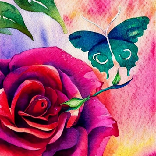 woman mission  dreaming in a beautiful happy in the flower field rose romantic  in harmony with nature, sunset Beautiful light, butterfly Water and plants. Nice colour scheme, soft warm colour. Beautiful detailed watercolor by Lurid. (2022)