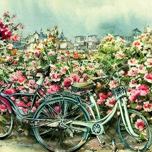 bike window the flower field romantic  in harmony with nature Beautiful light, butterfly Water and plants. Nice colour scheme, soft warm colour. Beautiful detailed watercolor by Lurid. (2022) (((((1950s japanese city . muted colors.))))) by Jean-Baptiste Monge 