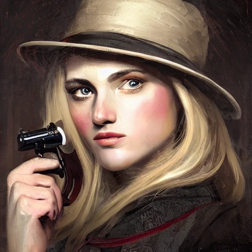 Professional painting of beautiful blonde in 19th century clothes aiming at the camera with an antique revolver, {{beautiful detailed face}}, perfect face, {{perfect eyes}}, perfect lips, by Jeremy Mann, Rutkowski and other Artstation illustrators, intricate details, face, portrait, headshot, illustration, UHD, 4K