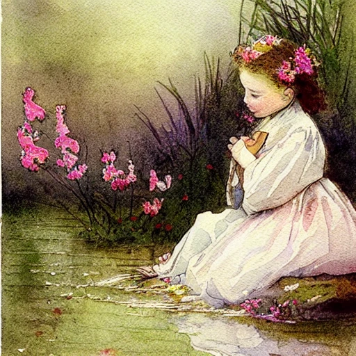  little girl  in the lake  peaceful prayer bible 1899s
watercolor of flowers painterly, granular splatter dripping. very muted colors  by jean - baptiste monge

