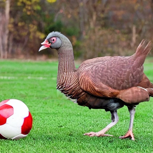 Two Turkeys cute playing soccer 
