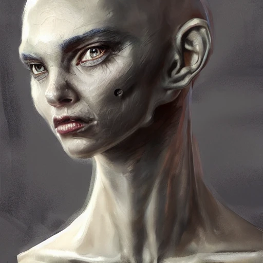 Professional portrait of a humanoid alien with enormous eyes, gray porcelain skin, and tight bodysuit, by Jeremy Mann, Rutkowski and other Artstation illustrators, intricate details, face, portrait, headshot, illustration, UHD, 4K