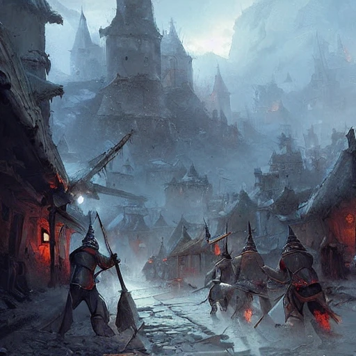 village being pillaged by knights, landscape, grimdark, illustration, oil painting, by Darek Zabrocki