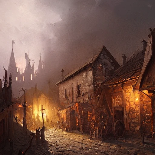 medieval village being raided, dark night, bonfires, landscape, grimdark, illustration, oil painting, by Darek Zabrocki