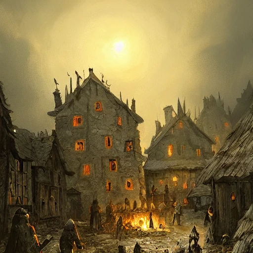 medieval village masacre, dark night, bonfires, landscape, grimdark, illustration, oil painting, by Darek Zabrocki