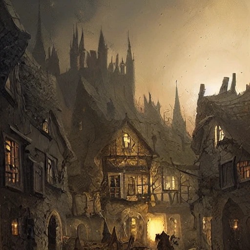 medieval village masacre, dark night, bonfires, grimdark, illustration, oil painting, by Darek Zabrocki