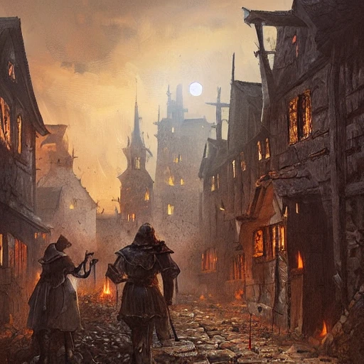 small medieval village masacre, dark night, burning stakes, grimdark, illustration, oil painting, by Darek Zabrocki