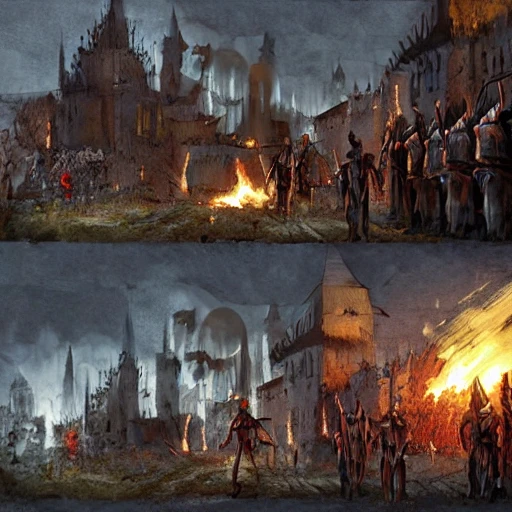 masacre of mutants in medieval village, dark knight, fire, grimdark, illustration, oil painting, kingdom come delivarence concept art, realistic