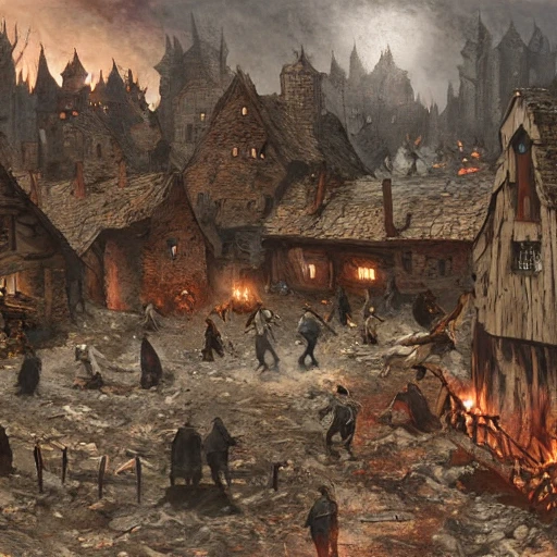 masacre of mutants in medieval village, dark night, fire, grimdark, illustration, landscape, oil painting, kingdom come delivarence concept art, realistic