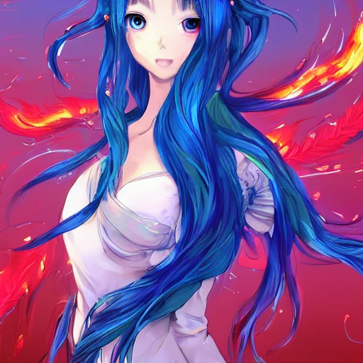 advanced digital anime art, a very cute beautiful and gorgeous woman wearing a dress made of fire and water , full body, very long wavy azure blue hair, braided hair, white highlights in hair, azure blue watery eyes, full round face, cinematic lighting, mid-shot, highly intricately detailed, trending on pixiv, Artstation, Totorrl, Visual Key, and Sakimichan