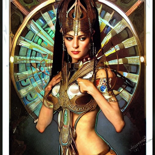realistic detailed face portrait of a beautiful futuristic egyptian warrior priestess in alien cyberpunk armor by alphonse mucha, ayami kojima, amano, greg hildebrandt, and mark brooks, female, feminine, art nouveau, egyptian cyberpunk, stargate, neo - gothic, gothic, character concept design 