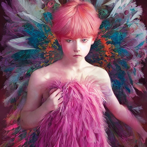 beautiful little girl with an pink eccentric haircut wearing an dress made of feathers dancing on stage, artwork made by ilya kuvshinov, inspired in donato giancola, hd, ultra realistic, reflection, flowers, light, realistic face, bird, pixiv 