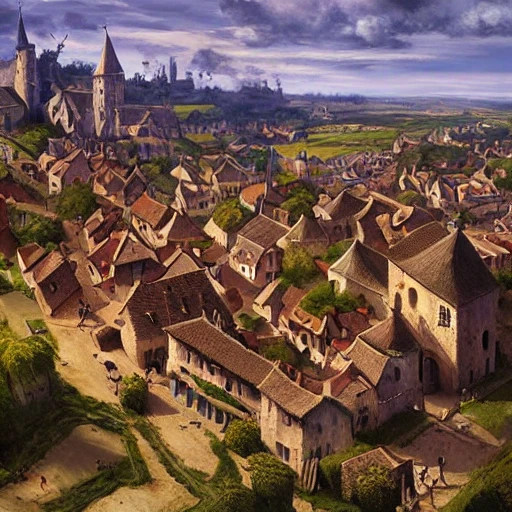 small medieval village, aerial view, illustration, landscape, oil painting, by Darek Zabrocki