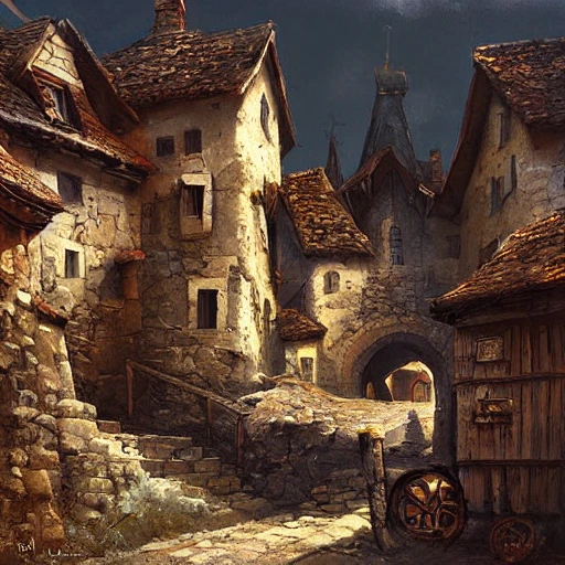 small medieval village, illustration, landscape, oil painting, by Darek Zabrocki