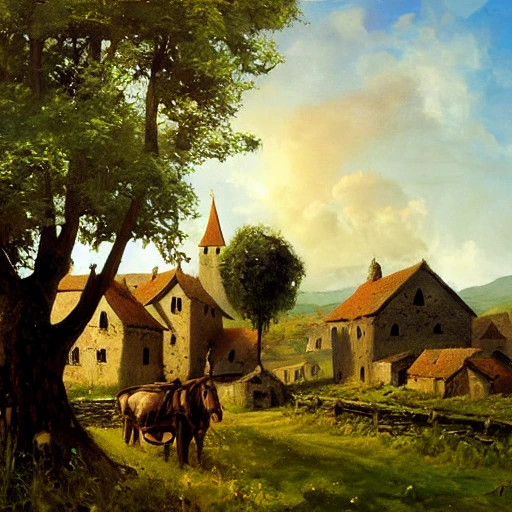 landscape painting of small medieval village surrounded by plains and fields, illustration, oil painting, by Darek Zabrocki