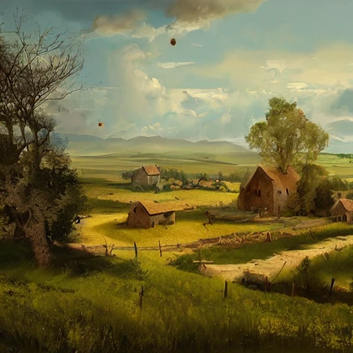 landscape of small medieval village surrounded by plains and fields, illustration, oil painting, by Darek Zabrocki