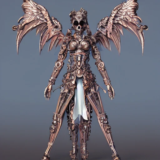 complex 3 d render hyper detailed ultra sharp full length of a beautiful ornate biomech valkyrie princess angel of death gorgeous, bone wings, steampunk, d & d, medieval dark fantasy, battle armor, fiery aura, dynamic, intricate, zbrush, octane render, 8 k, hd, cinematic, resin, rim light, symmetrical, proportional, art by takeshi obata & satoshi kon & artgerm & billelis & wlop & hirohiko araki 