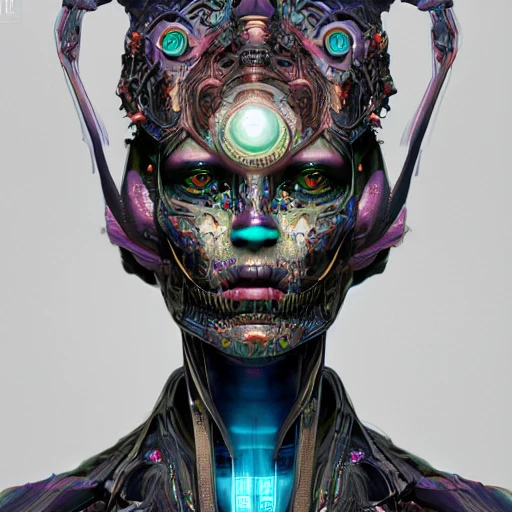 ultra detailed Female Android deity, scifi, octane render, (dia de los muertos), asymmetrical, intricate concept art, triadic color scheme, art by artgerm and giger and DZO and greg rutkowski and alphonse mucha and loish and WLOP