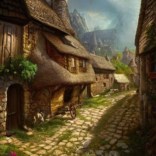 landscape of Medieval European Village, small cottages, fantasy illustration, by Darek Zabrocki, Klaus Pillon, concept art