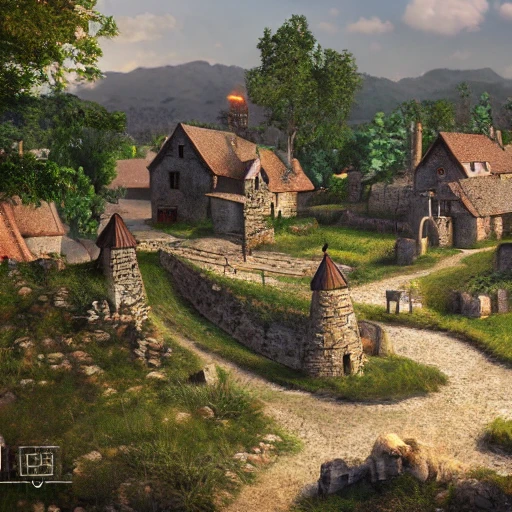 4k epic landscape of small medieval village, fantasy, realistic, illustration, ultrahd, unreal engine 5, art station