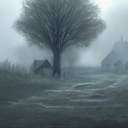 village, foggy, serene landscape, fantasy art