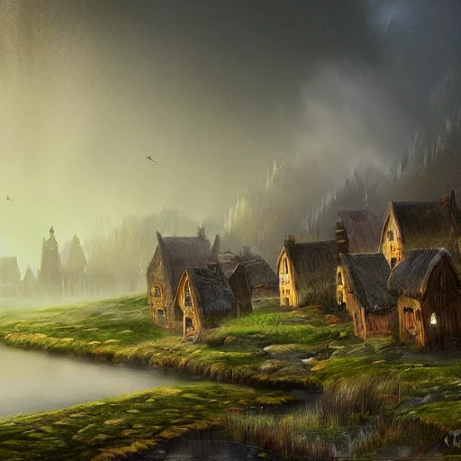 village, light fog, serene landscape, fantasy art