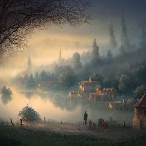 village, foggy, serene landscape, fantasy art