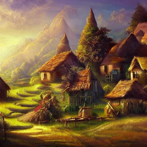 village, sunny, serene landscape, fantasy art