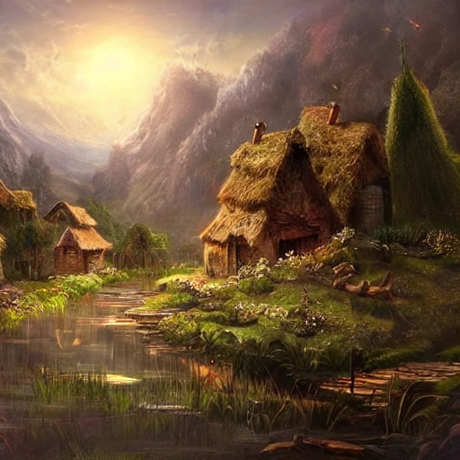 village, serene landscape, realistic, fantasy art