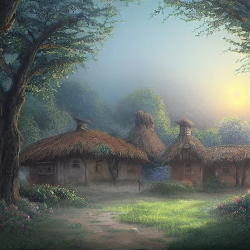 village, foggy, sun, serene landscape, realistic, fantasy art