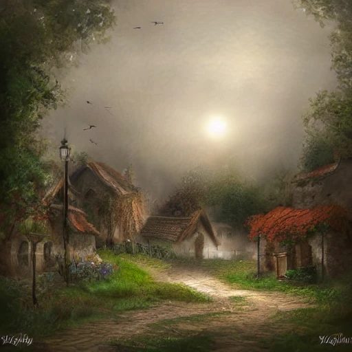 village, foggy, suny, serene landscape, realistic, fantasy art