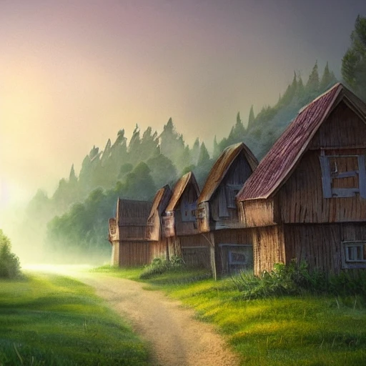 village farmstead, wooden houses, foggy, suny, serene landscape, realistic, fantasy art