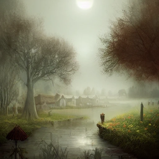 village, foggy, serene landscape, fantasy art