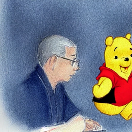 a courtroom sketch of the son of xi ji ping and winnie the pooh