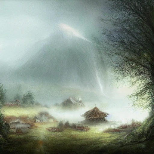 village, foggy, serene landscape, fantasy art