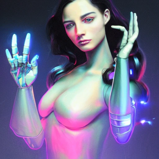 beauty young spanish woman with long black hair robotic hands, interacting with a holographic interface of alien artifacts, electrical case display, Terminator tech, ultrarealistic, dramatic lighting, electrical details, high details, 4k, 8k, best, accurate, trending on artstation, artstation, photorealism,naked, ultrarealistic, digital painting, style of Peter Mohrbacher, Caravaggio, Hajime Sorayama and Boris Vallejo,3d