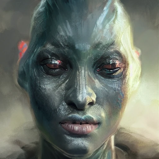 Professional portrait of a beautiful alien creature with humanoid face, reptilian eyes, and exoskeleton features, by Jeremy Mann, Rutkowski and other Artstation illustrators, intricate details, face, portrait, headshot, illustration, UHD, 4K