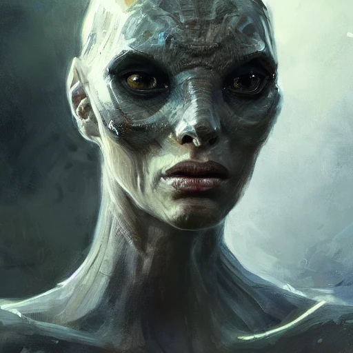 Professional portrait of a beautiful alien creature with humanoid face, reptilian eyes, and exoskeleton features, by Jeremy Mann, Rutkowski and other Artstation illustrators, intricate details, face, portrait, headshot, illustration, UHD, 4K