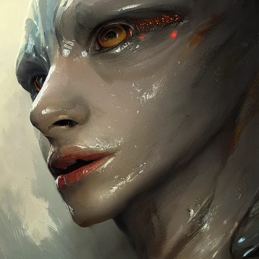 Professional portrait of an attractive humanoid alien with big reptilian eyes and exoskeleton features, by Jeremy Mann, Rutkowski and other Artstation illustrators, intricate details, face, portrait, headshot, illustration, UHD, 4K